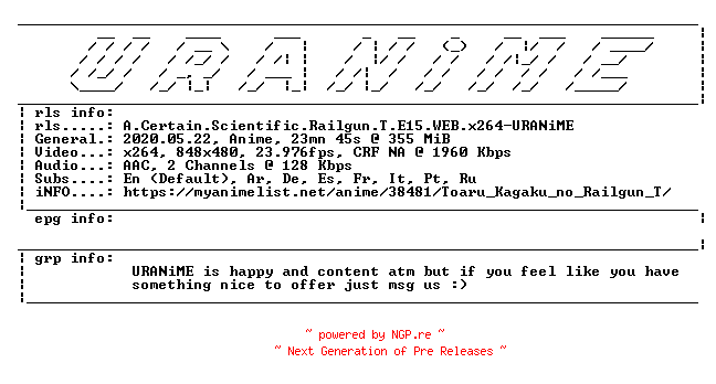 NFO for the release A.Certain.Scientific.Railgun.T.E15.WEB.x264-URANiME by URANiME