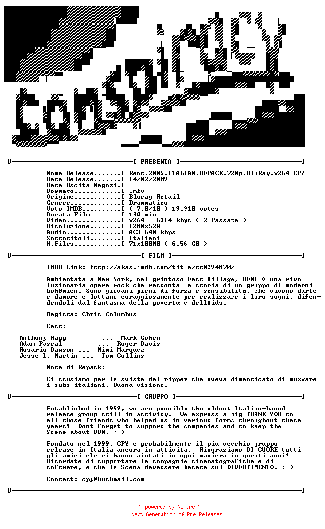 NFO for the release Rent.2005.ITALIAN.REPACK.720p.BluRay.x264-CPY by CPY