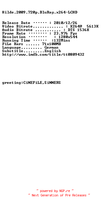 NFO for the release Hilde.2009.720p.BluRay.x264-LCHD by LCHD