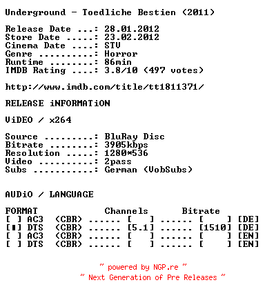 NFO for the release Underground.Toedliche.Bestien.2011.German.720p.BluRay.x264-OBLiGATED by OBLiGATED
