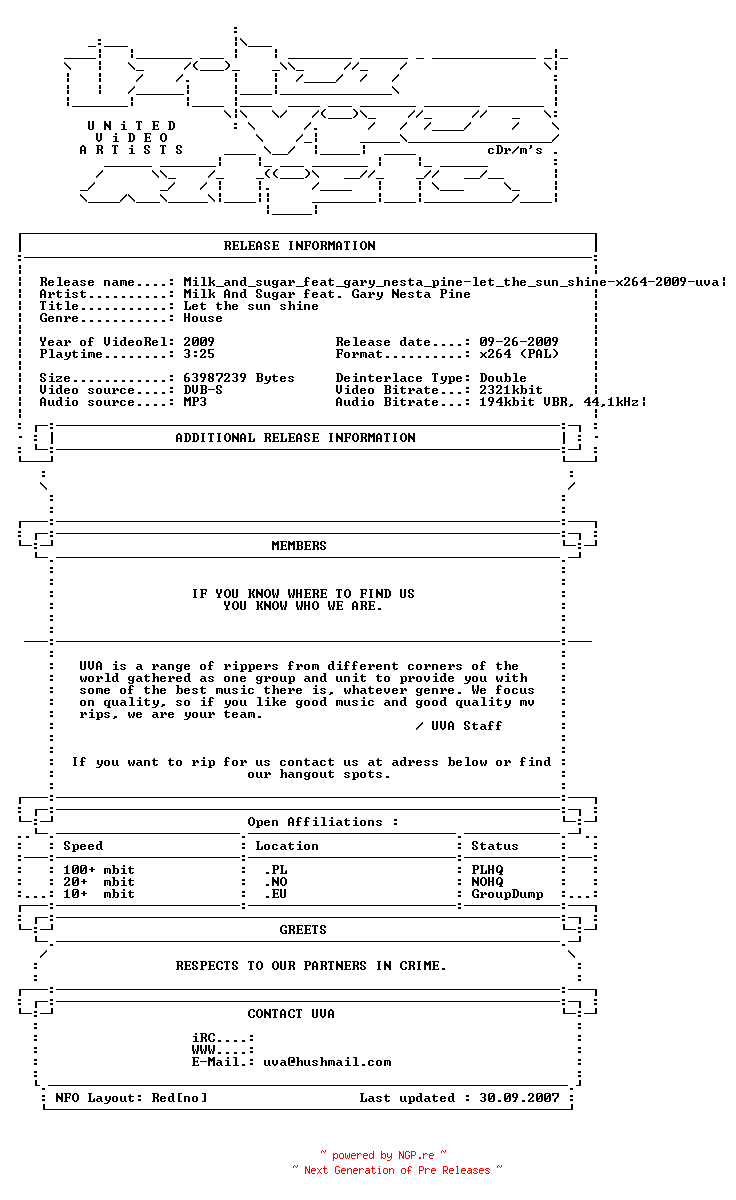 NFO for the release Milk_and_sugar_feat_gary_nesta_pine-let_the_sun_shine-x264-2009-uva by uva
