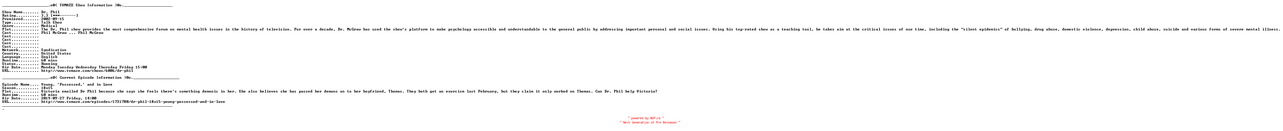 NFO for the release Dr.Phil.2020.05.15.HDTV.x264-W4F by W4F