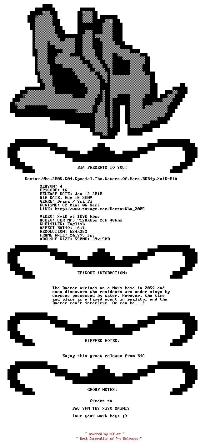 NFO for the release Doctor.Who.2005.S04.Special.The.Waters.Of.Mars.BDRip.XviD-BiA by BiA
