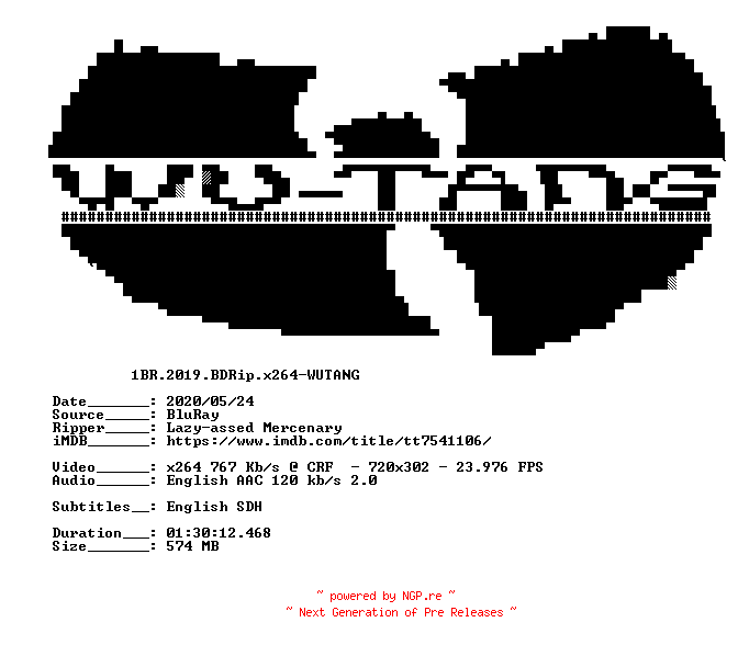 NFO for the release 1BR.2019.BDRip.x264-WUTANG by WUTANG