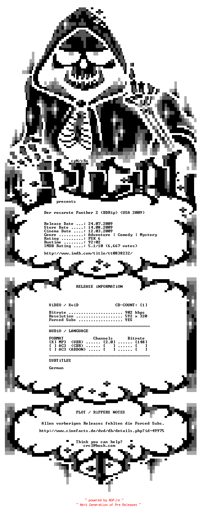 NFO for the release Der.Rosarote.Panther.2.German.PROPER.BDRip.XviD-CRUCiAL by CRUCiAL