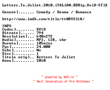 NFO for the release Letters.To.Juliet.2010.iTALiAN.BDRip.XviD-STiX by STiX