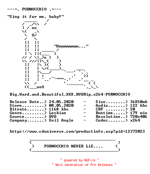 NFO for the release Big.Hard.and.Beautiful.XXX.DVDRip.x264-PORNOCCHIO by PORNOCCHIO