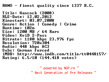 NFO for the release Hancock.EXTENDED.German.2008.AC3.BDRiP.XviD.iNTERNAL-RANO by RANO