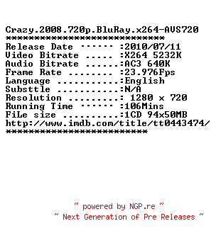 NFO for the release Crazy.2008.720p.BluRay.x264-AVS720 by AVS720