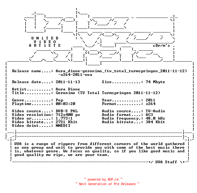 NFO for the release Aura_dione-geronimo_(tv_total_turmspringen_2011-11-12)-x264-2011-uva by uva