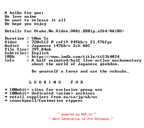 NFO for the release Otaku.No.Video.OVA1.BDRip.x264-HAiKU by HAiKU