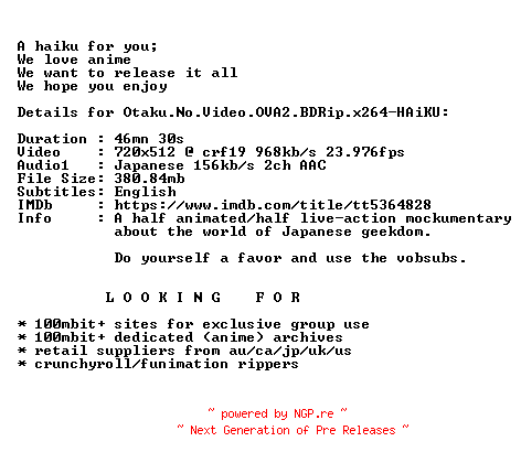NFO for the release Otaku.No.Video.OVA2.BDRip.x264-HAiKU by HAiKU