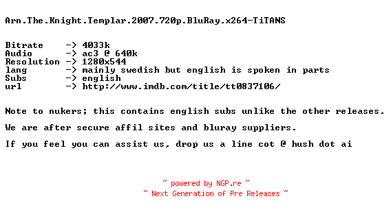 NFO for the release Arn.The.Knight.Templar.2007.720p.BluRay.x264-TiTANS by TiTANS
