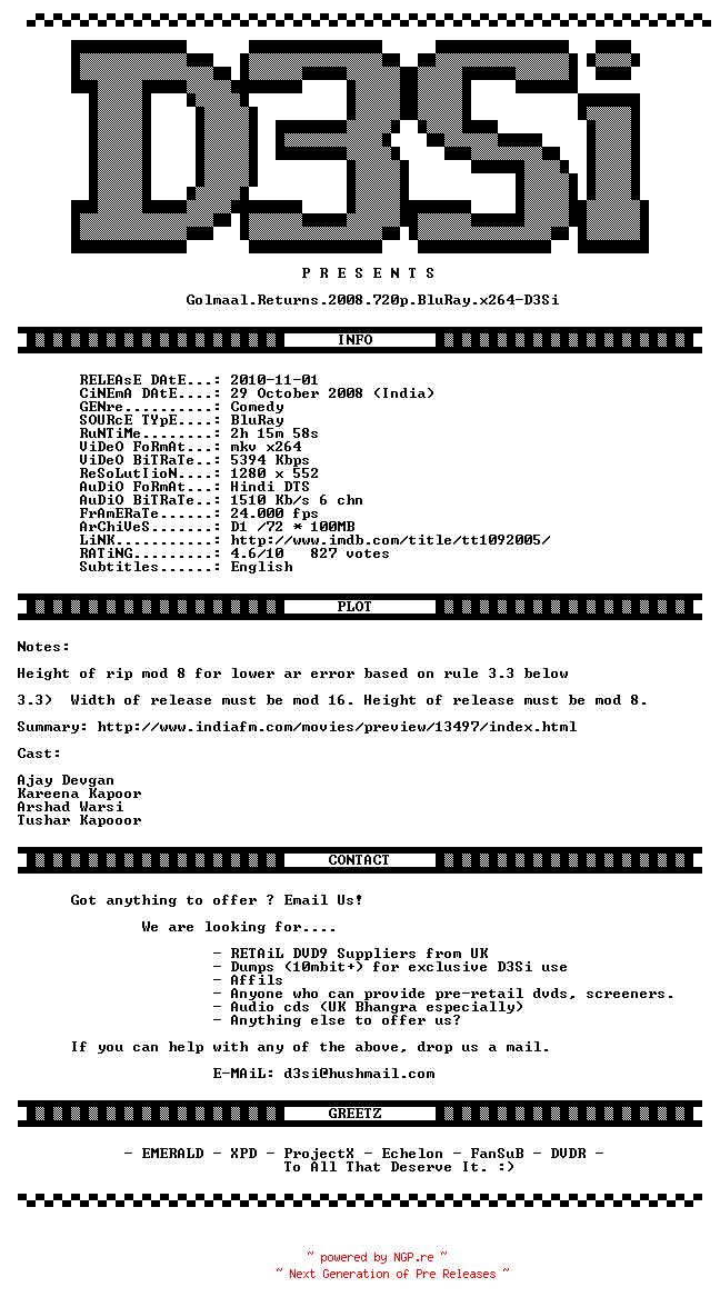 NFO for the release Golmaal.Returns.2008.720p.BluRay.x264-D3Si by D3Si