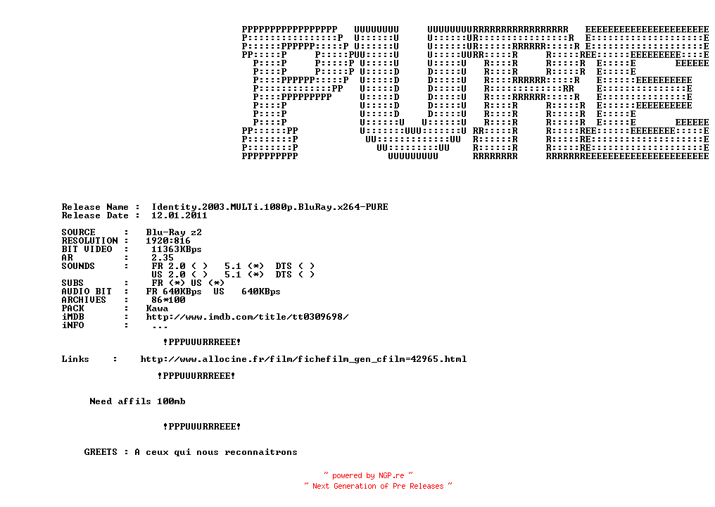 NFO for the release Identity.2003.FRENCH.720p.BluRay.x264-PURE by PURE