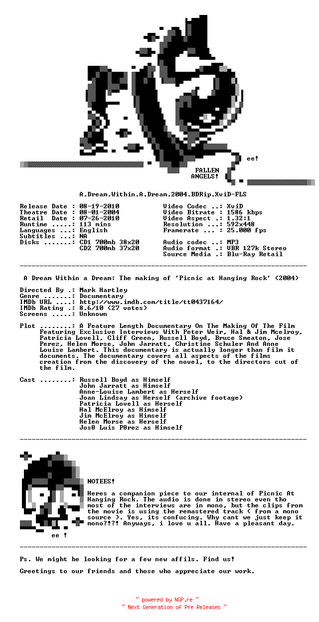 NFO for the release A.Dream.Within.A.Dream.2004.BDRip.XviD-FLS by FLS