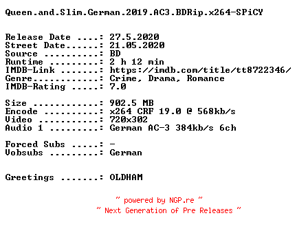 NFO for the release Queen.and.Slim.German.2019.AC3.BDRip.x264-SPiCY by SPiCY