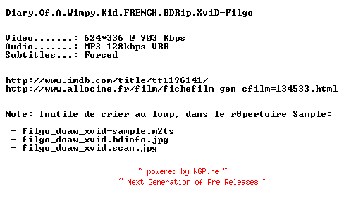 NFO for the release Diary.Of.A.Wimpy.Kid.FRENCH.BDRip.XviD-Filgo by Filgo