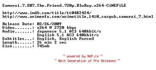 NFO for the release Samurai.7.E07.The.Friend.720p.BluRay.x264-CiNEFiLE by CiNEFiLE