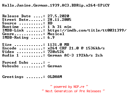 NFO for the release Hallo.Janine.German.1939.AC3.BDRip.x264-SPiCY by SPiCY
