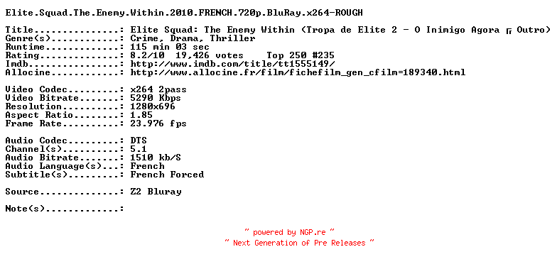 NFO for the release Elite.Squad.The.Enemy.Within.2010.FRENCH.720p.BluRay.x264-ROUGH by ROUGH