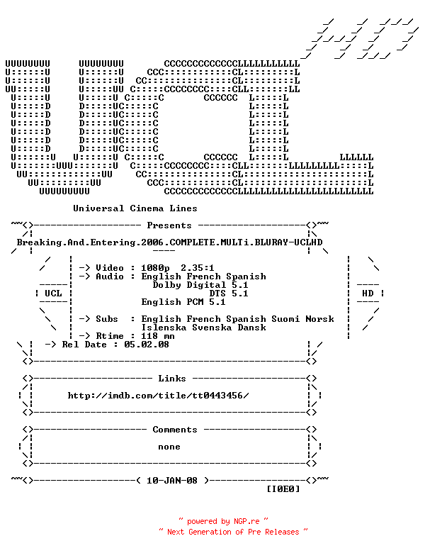 NFO for the release Breaking.And.Entering.2006.COMPLETE.MULTi.BLURAY-UCLHD by UCLHD