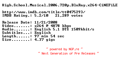 NFO for the release High.School.Musical.2006.720p.BluRay.x264-CiNEFiLE by CiNEFiLE
