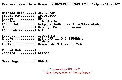 NFO for the release Karneval.der.Liebe.German.REMASTERED.1943.AC3.BDRip.x264-SPiCY by SPiCY