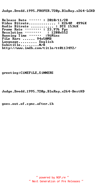 NFO for the release Judge.Dredd.1995.PROPER.720p.BluRay.x264-LCHD by LCHD
