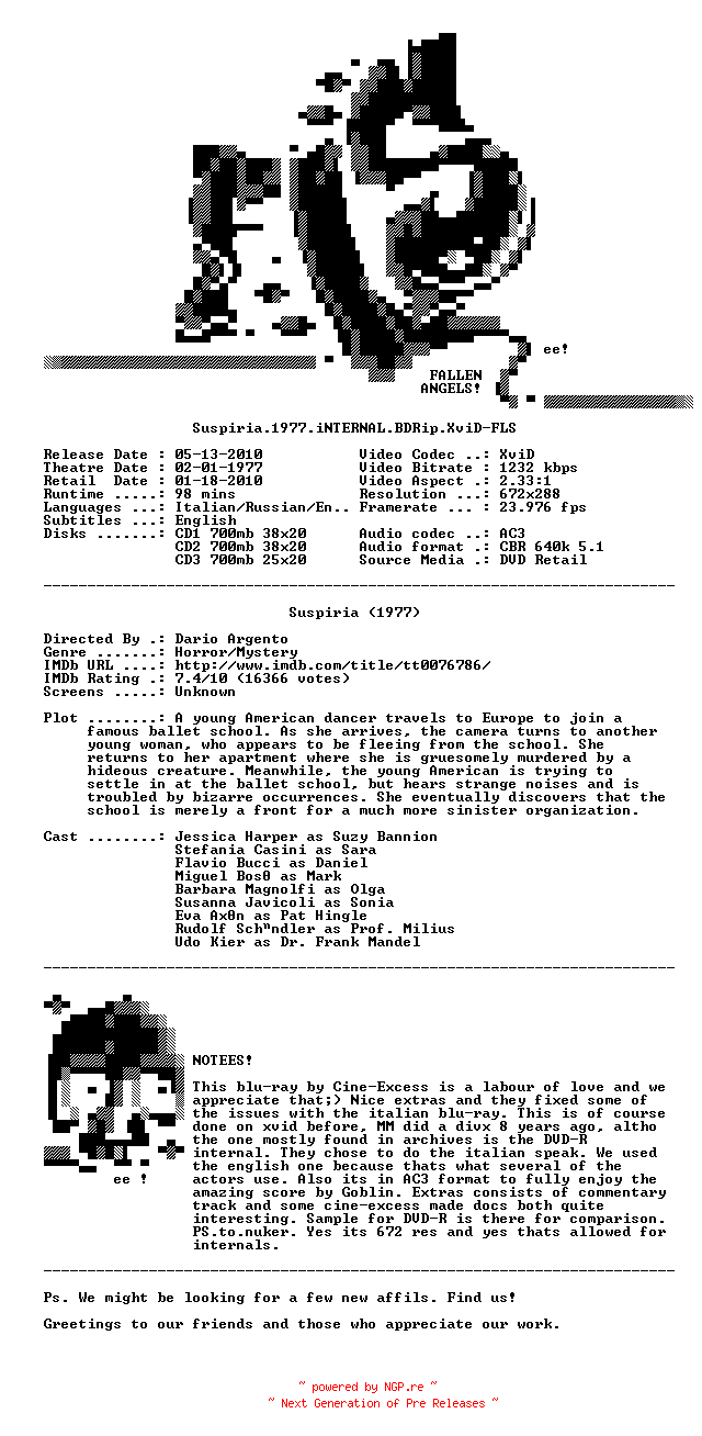 NFO for the release Suspiria.1977.iNTERNAL.BDRip.XviD-FLS by FLS