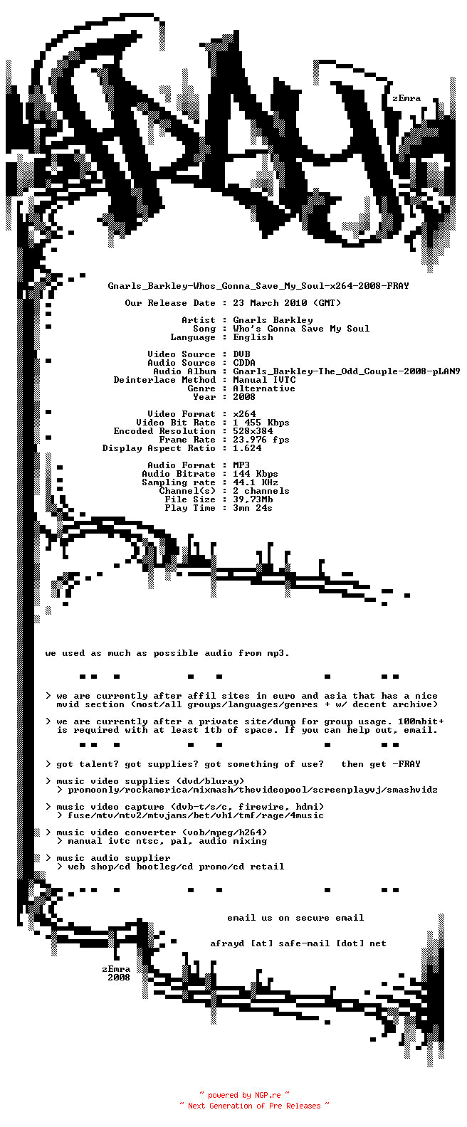 NFO for the release Gnarls_Barkley-Whos_Gonna_Save_My_Soul-x264-2008-FRAY by FRAY