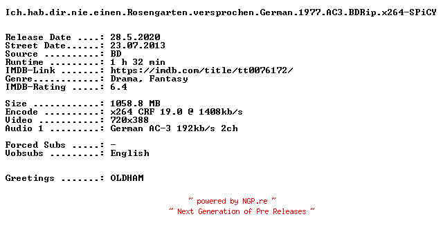 NFO for the release Ich.hab.dir.nie.einen.Rosengarten.versprochen.German.1977.AC3.BDRip.x264-SPiCY by SPiCY