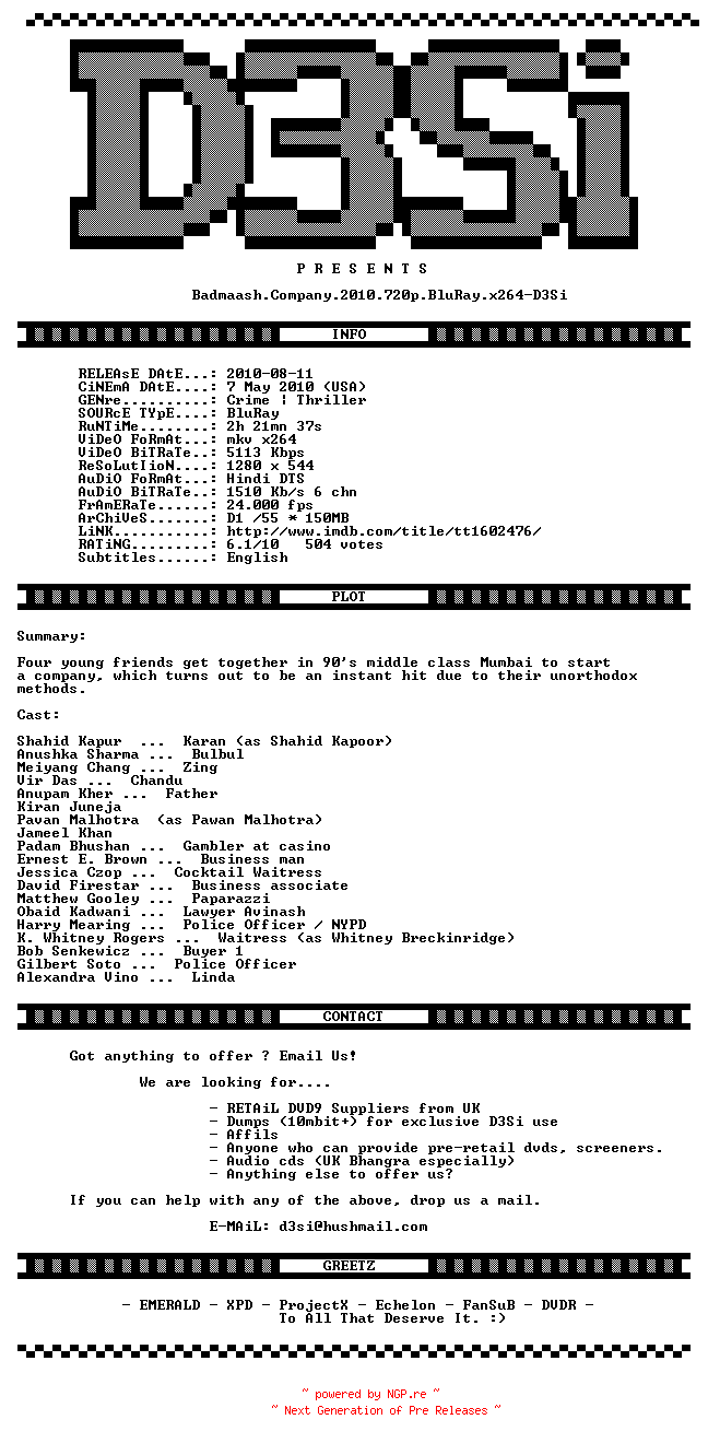NFO for the release Badmaash.Company.2010.720p.BluRay.x264-D3Si by D3Si