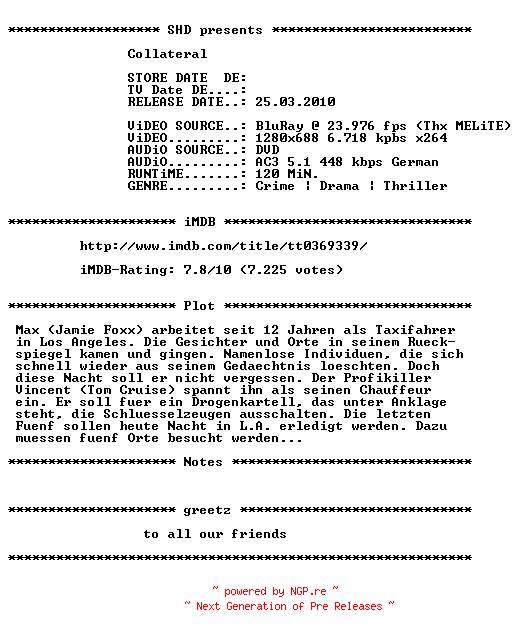 NFO for the release Collateral.2004.German.AC3D.720p.BluRay.x264-SHD by SHD