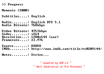 NFO for the release Memento.2000.720p.BDRip.x264-PROGRESS by PROGRESS