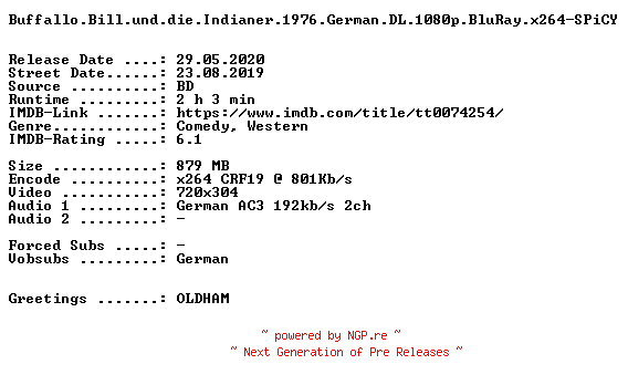 NFO for the release Buffallo.Bill.und.die.Indianer.German.1976.AC3.BDRip.x264.iNTERNAL-SPiCY by SPiCY