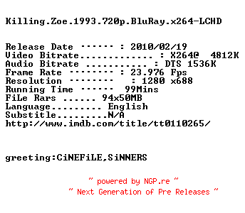 NFO for the release Killing.Zoe.1993.720p.BluRay.x264-LCHD by LCHD