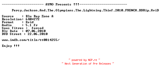 NFO for the release Percy.Jackson.And.The.Olympians.The.Lightning.Thief.2010.FRENCH.BDRip.XviD-AYMO by AYMO