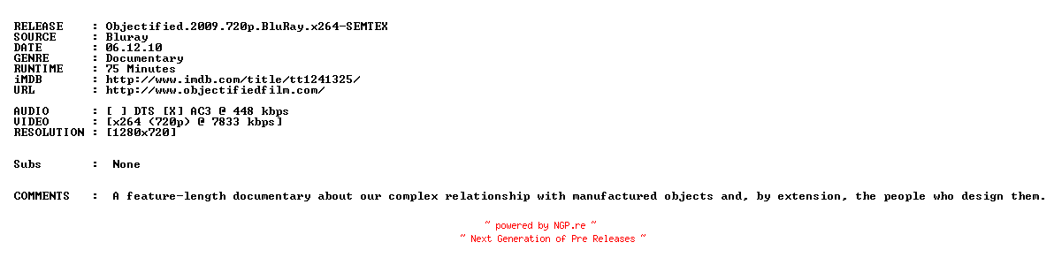 NFO for the release Objectified.2009.720p.BluRay.x264-SEMTEX by SEMTEX