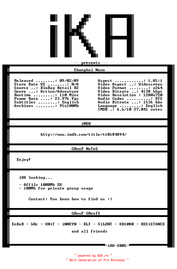 NFO for the release Shanghai.Noon.2000.720p.BluRay.x264-iKA by iKA