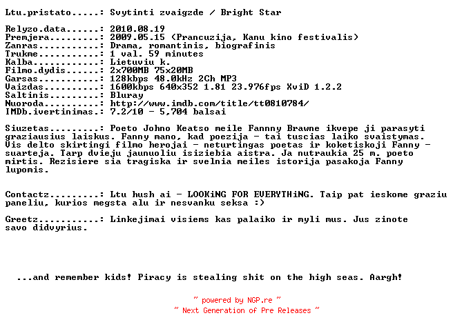 NFO for the release Bright.Star.2009.LT.BDRip.XviD-Ltu by Ltu