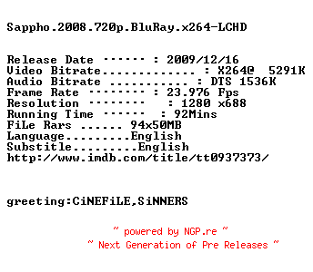 NFO for the release Sappho.2008.720p.BluRay.x264-LCHD by LCHD