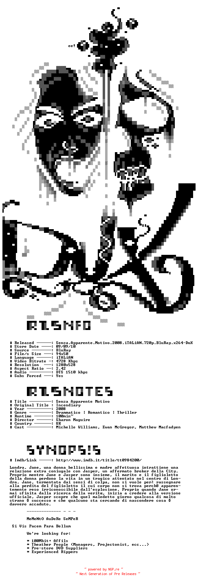 NFO for the release Senza.Apparente.Motivo.2008.iTALiAN.720p.BluRay.x264-DuX by DuX