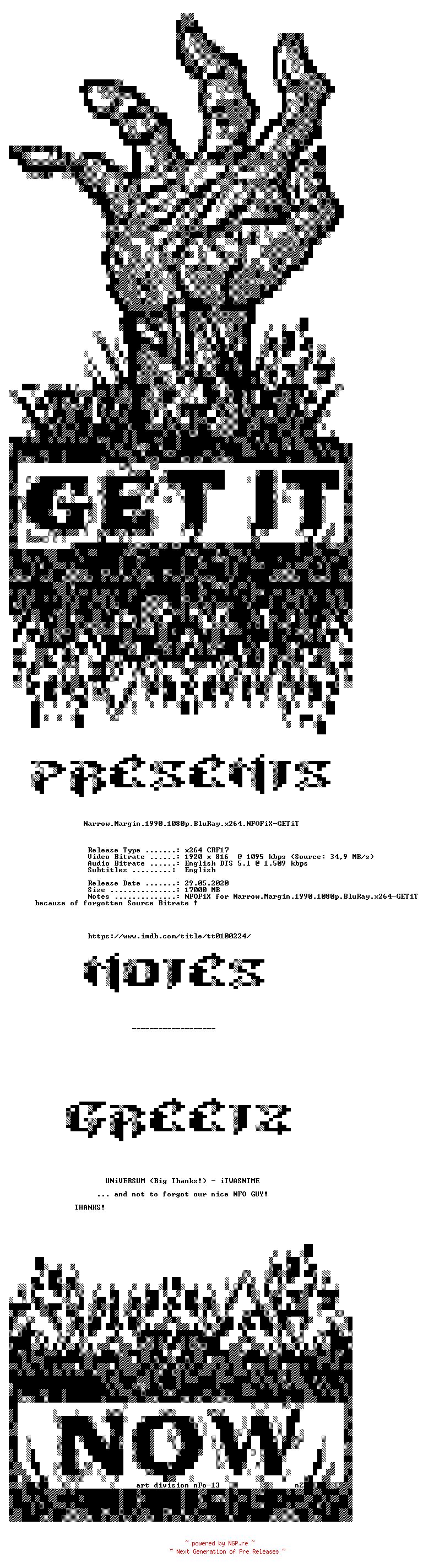 NFO for the release Narrow.Margin.1990.1080p.BluRay.x264.NFOFiX-GETiT by GETiT