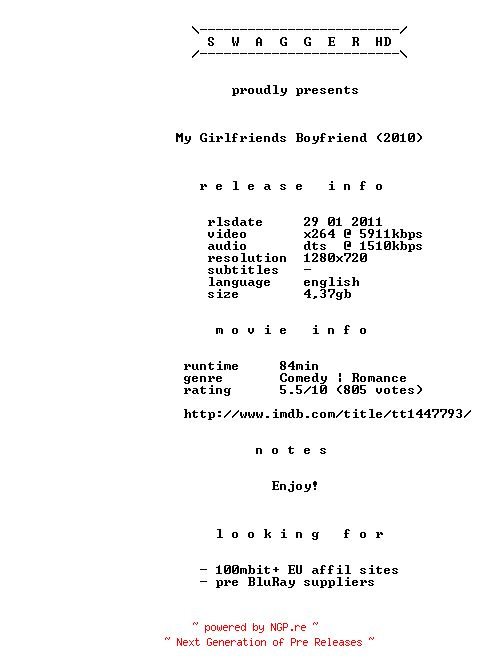 NFO for the release My.Girlfriends.Boyfriend.2010.720p.BluRay.x264-SWAGGERHD by SWAGGERHD