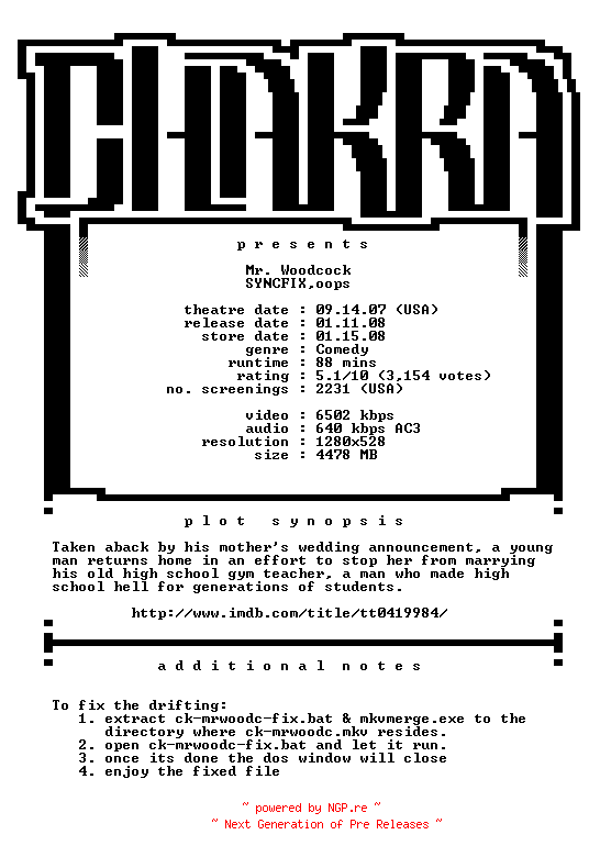 NFO for the release Mr.Woodcock.SYNCFIX.720p.Bluray.x264-Chakra by Chakra