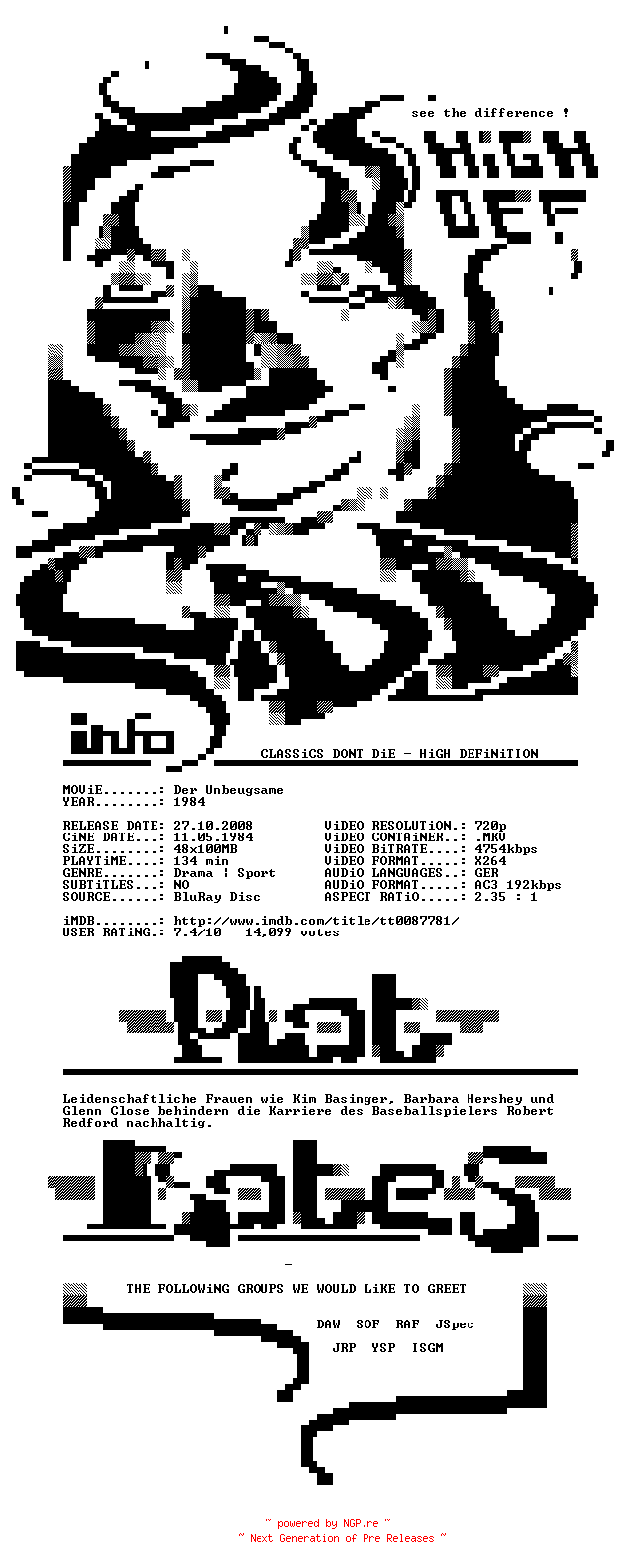 NFO for the release Der.Unbeugsame.1967.German.720p.BluRay.x264-CDD by CDD