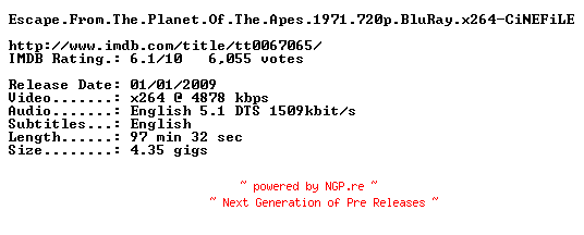 NFO for the release Escape.From.The.Planet.Of.The.Apes.1971.720p.BluRay.x264-CiNEFiLE by CiNEFiLE