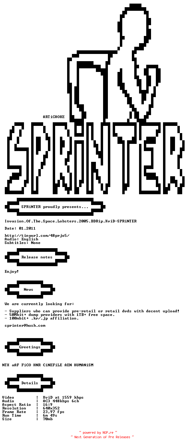 NFO for the release Invasion.Of.The.Space.Lobsters.2005.BDRip.XviD-SPRiNTER by SPRiNTER