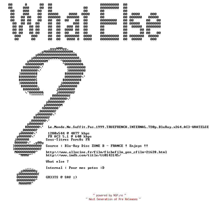 NFO for the release Le.Monde.Ne.Suffit.Pas.1999.TRUEFRENCH.INTERNAL.720p.BluRay.x264.AC3-WHATELSE by WHATELSE